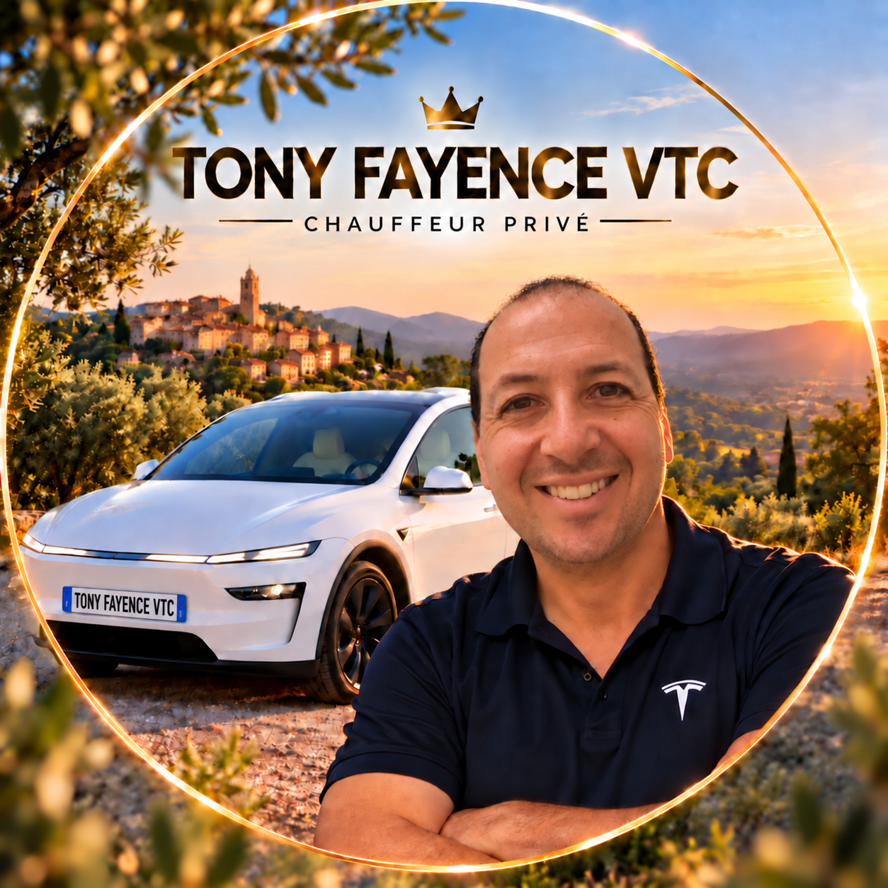Visuel Tony Fayence VTC, chauffeur privé au Pays de Fayence, avec une voiture blanche